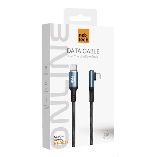 Nettech NT-DC37 30W 100Cm Type-C to Lightning Şarj ve Data Kablosu (NT-108306) - Siyah, Hızlı Şarj Desteği, Örgü Tasarım