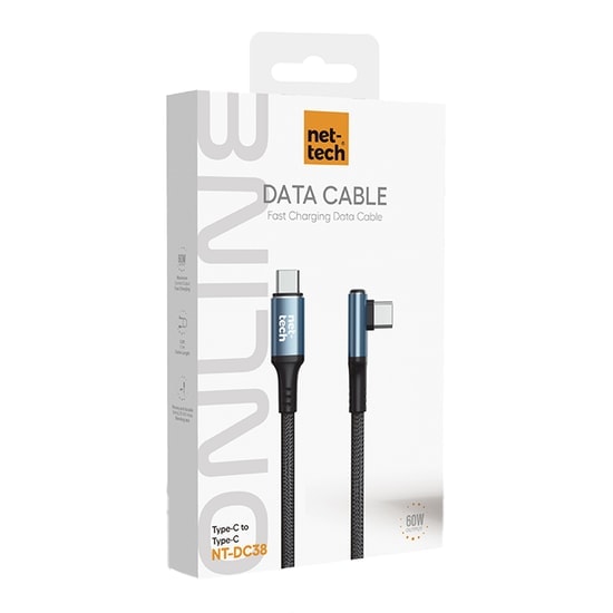 Nettech NT-DC38 60W Plastik 100Cm Type-C to Type-C Şarj ve Data Kablosu (NT-108307) - Siyah, Hızlı Şarj, Örgülü Kablo