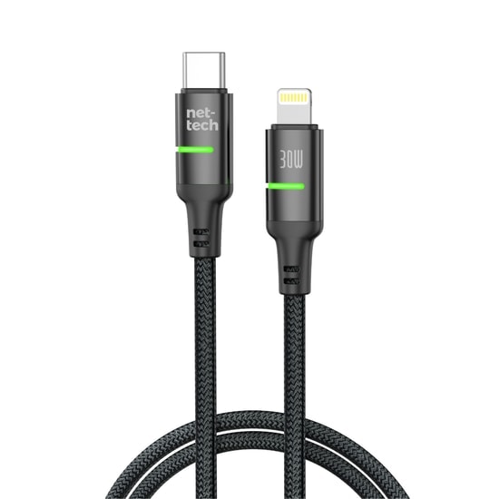 Nettech NT-DC39 30W 100Cm Type-C to Lightning Şarj ve Data Kablosu (NT-108308) - Siyah, Hızlı Şarj Desteği, Örgü Tasarım