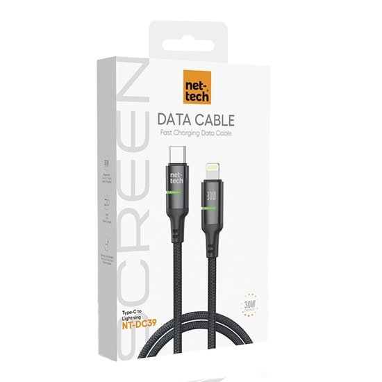 Nettech NT-DC39 30W 100Cm Type-C to Lightning Şarj ve Data Kablosu (NT-108308) - Siyah, Hızlı Şarj Desteği, Örgü Tasarım