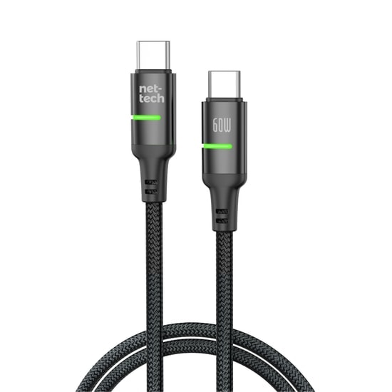 Nettech NT-DC40 60W 100Cm Type-C to Type-C Şarj ve Data Kablosu (NT-108309) - Siyah, Hızlı Şarj, Örgülü, LED Işıklı