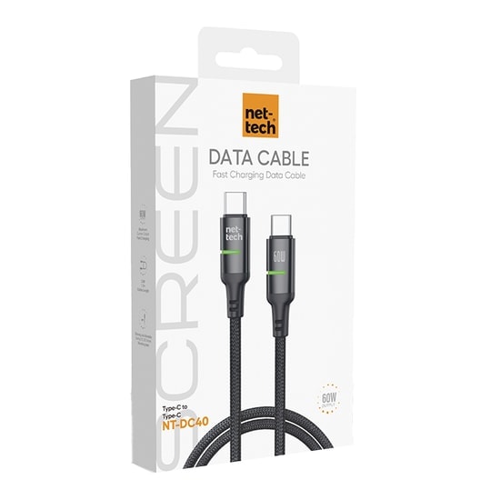 Nettech NT-DC40 60W 100Cm Type-C to Type-C Şarj ve Data Kablosu (NT-108309) - Siyah, Hızlı Şarj, Örgülü, LED Işıklı