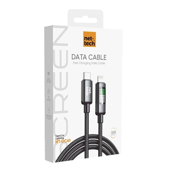 Nettech NT-DC41 30W Örgülü 100cm Type-C to Lightning Şarj Data Kablosu (NT-108310) - Siyah, Hızlı Şarj Desteği, 1 Metre