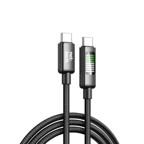 Nettech NT-DC42 60W Örgülü Type-C to Type-C 100Cm Hızlı Şarj Data Kablosu (NT-108312) - LED Işıklı, Dijital Göstergeli