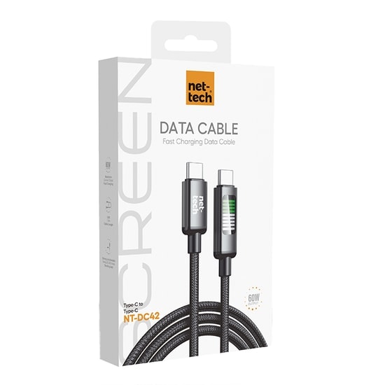 Nettech NT-DC42 60W Örgülü Type-C to Type-C 100Cm Hızlı Şarj Data Kablosu (NT-108312) - LED Işıklı, Dijital Göstergeli