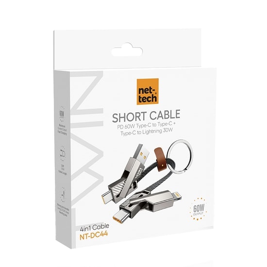 Nettech NT-DC44 4in1 60W USB To Micro / Lightning / Type-C İp Örgü Şarj ve Data Kablosu (NT-108315) - Gri, Hızlı Şarj