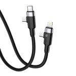 Nettech NT-DC45 Plastik 100Cm Type-C to Type-C+Lightning Şarj ve Data Kablosu (NT-108316) - 60W+30W, Siyah, Hızlı Şarj