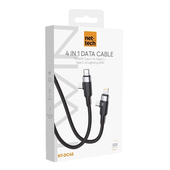 Nettech NT-DC45 Plastik 100Cm Type-C to Type-C+Lightning Şarj ve Data Kablosu (NT-108316) - 60W+30W, Siyah, Hızlı Şarj