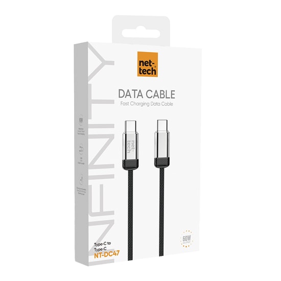 Nettech NT-DC47 60W Plastik 100Cm Type-C to Type-C Şarj ve Data Kablosu (Siyah)