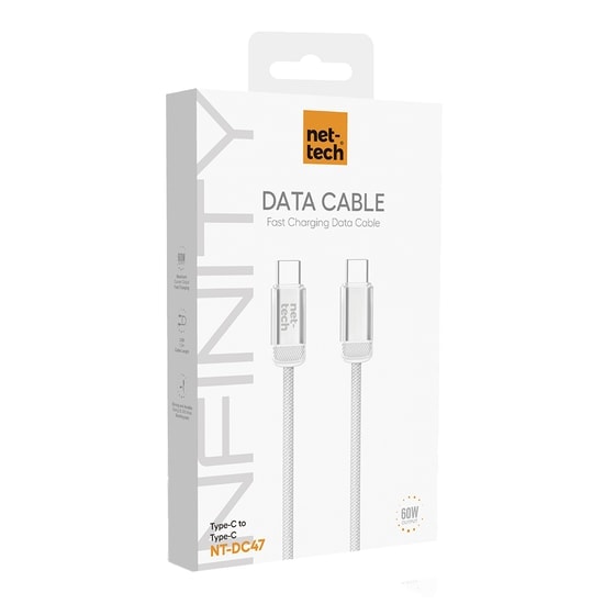 Nettech NT-DC47 Beyaz 100Cm 60W Type-C to Type-C Şarj ve Data Kablosu (NT-108319) - Hızlı Şarj, Veri Aktarımı, Plastik