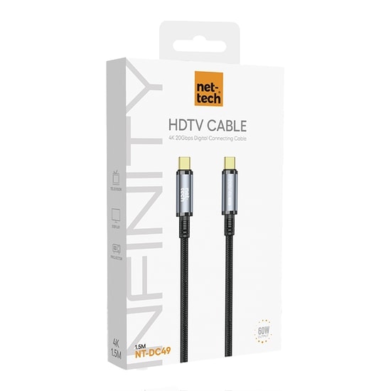 Nettech NT-DC49 Type-C to Type-C Şarj ve Data Kablosu (NT-108322) - 100 Cm, 20Gbps, Siyah, USB 3.2, Hızlı Şarj