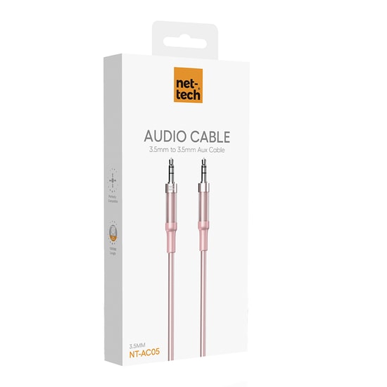 Nettech NT-AC05 Pembe 3.5mm 100cm Aux Kablo - NT-108326, Plastik, Stereo Ses Aktarımı, Müzik ve Araç İçi Kullanım