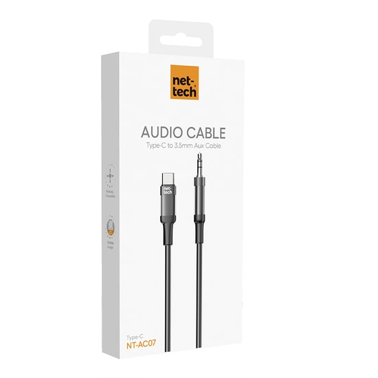 Nettech NT-AC07 Siyah Type-C to Aux Kablo (NT-108330) - 100cm Plastik Kablo, Plexy Jack, 24 Ay Garanti
