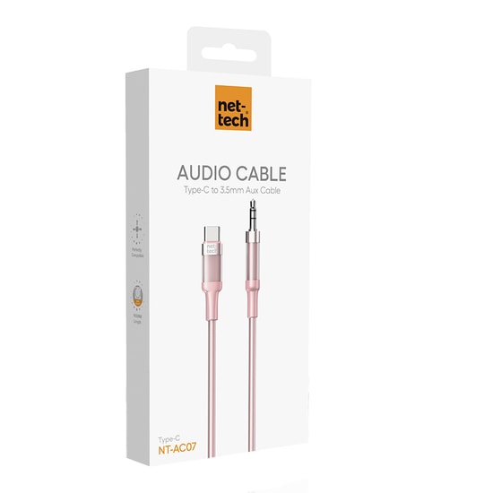 Nettech NT-AC07 Pembe Type-C to Aux Kablo (NT-108332) - 100cm Plastik Kablo, Plexy Jack, 24 Ay Garanti
