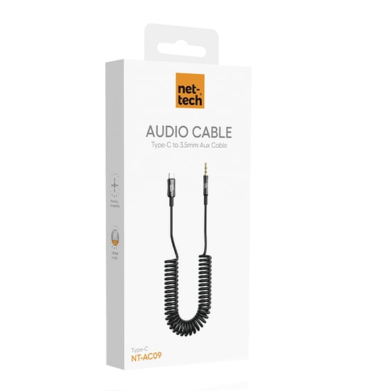 Nettech NT-AC09 Siyah Type-C to Aux Kablo (NT-108334) - 100cm Plastik Tasarım, 3.5mm Stereo Ses Aktarım, Dayanıklı
