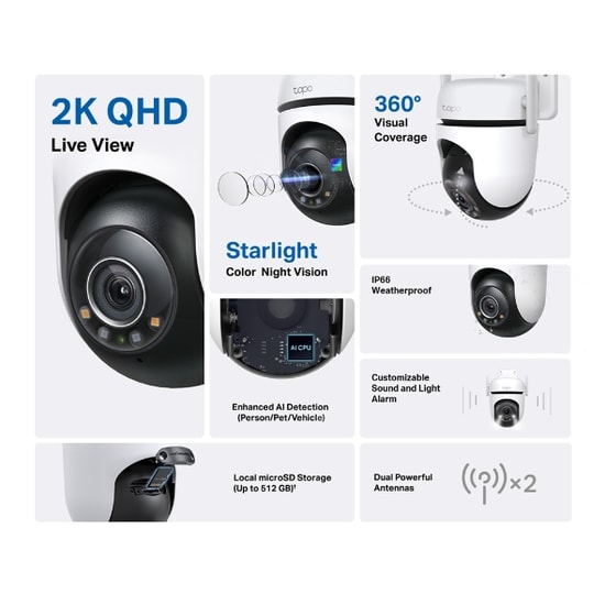 TP-Link Tapo C520WS 4MP Dış Ortam Pan/Tilt WiFi Kamera - 2K QHD, 3.2mm Lens, 30m IR, IP66, Starlight Renkli Gece Görüşü