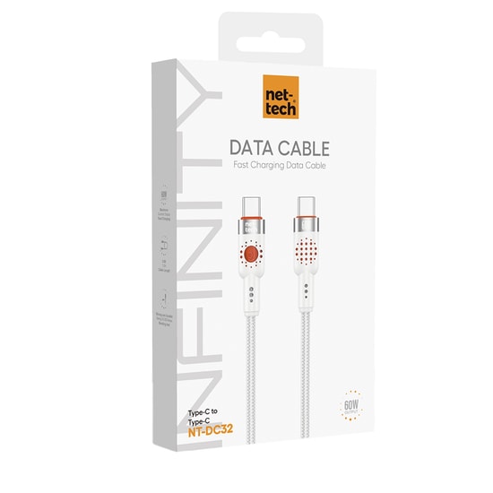 Nettech NT-DC32 60W Plastik 100Cm Type-C to Type-C Şarj ve Data Kablosu (Beyaz)