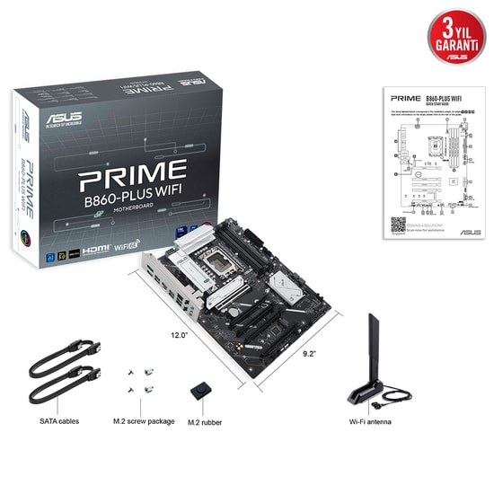 Asus Prime B860-Plus Wifi: Intel LGA1851 DDR5 8666MHz(OC), 2xM.2, PCIe 5.0, USB4 20Gbps, WiFi 6E, 2.5G LAN, ATX Anakart