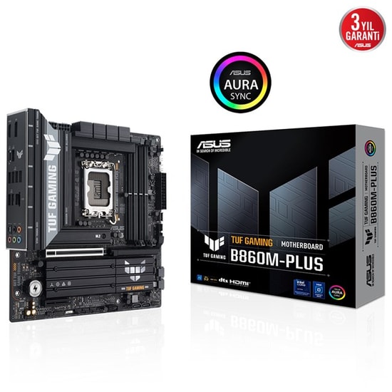 Asus Tuf Gaming B860M-PLUS Anakart: Intel LGA1851, DDR5 8800MHz, PCIe 5.0, 3xM2, HDMI, DP, 2.5G LAN, AURA RGB, Micro ATX