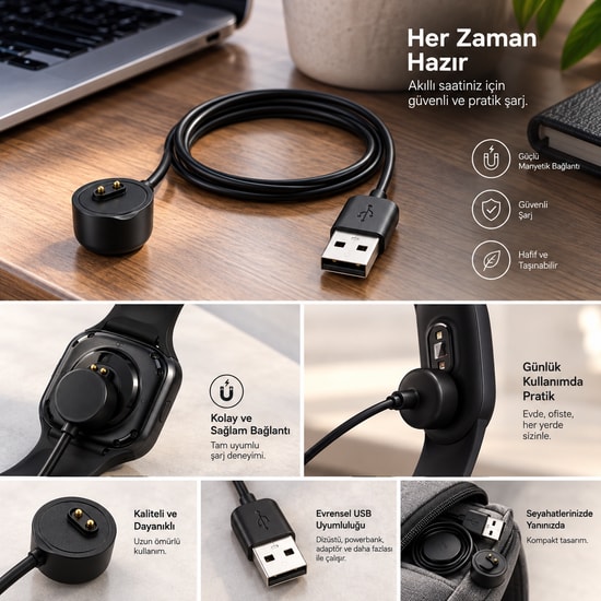 Nettech Mi Band 5 Siyah Akıllı Bileklik için Kablosuz Şarj Aleti (NT-112075) - Wireless, Hızlı Şarj, İthalatçı Garantili