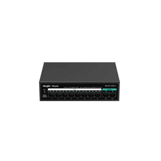 Ruijie Reyee RG-ES110FG-P 10 Port 10/100 Switch - 8 Port PoE+ 110W Güç, 2 Adet Gigabit Uplink Masaüstü Metal Kasa