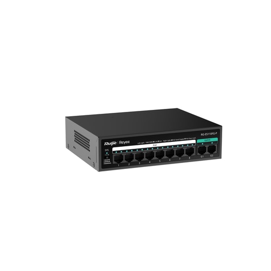 Ruijie Reyee RG-ES110FG-P 10 Port 10/100 Switch - 8 Port PoE+ 110W Güç, 2 Adet Gigabit Uplink Masaüstü Metal Kasa