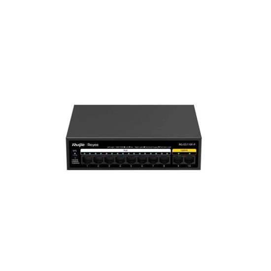 Ruijie Reyee RG-ES110F-P 10 Port PoE Switch - 8 Port 10/100, 2 Port Uplink, Metal Kasa, 110W Güç Kapasitesi