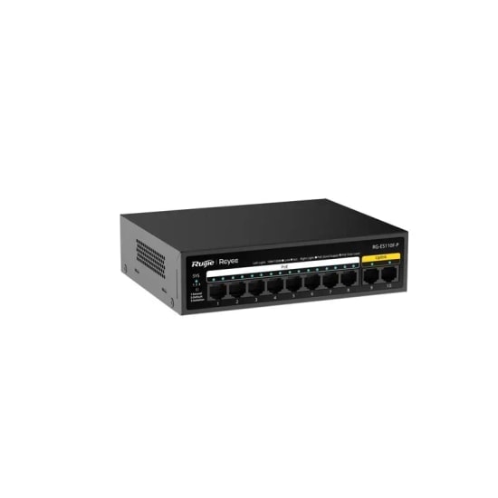 Ruijie Reyee RG-ES110F-P 10 Port PoE Switch - 8 Port 10/100, 2 Port Uplink, Metal Kasa, 110W Güç Kapasitesi