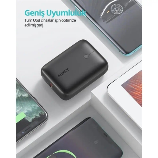 Aukey PB-N83S Basix Mini 10000mAh Siyah Powerbank - 22.5W SCP, PD 3.0, QC 3.0 Hızlı Şarj, Type-C Giriş ve Çıkış