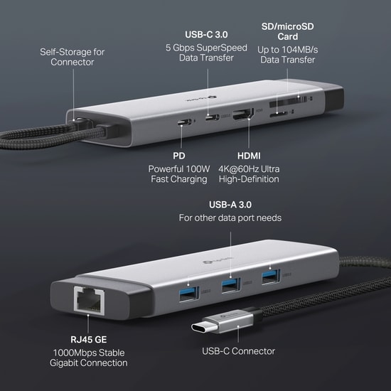 TP-Link UH9120C 9 Portlu Type-C Hub - 4K HDMI, 100W PD Şarj, Gigabit Ethernet, USB 3.0 ve SD/MicroSD Kart Okuyucu