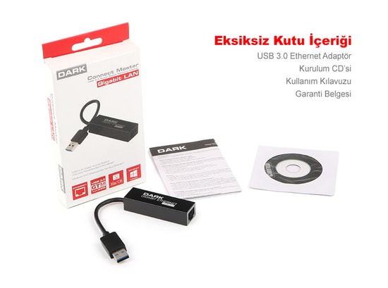 Dark DK-NT-U3GLAN USB 3.0 Gigabit Ethernet Adaptörü - 10/100/1000 Mbps Hızlı, Stabil Kablolu Bağlantı, Tak Çalıştır