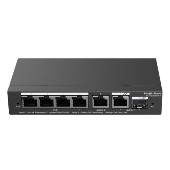 Ruijie Reyee RG-ES206GS-P 4 Port Gigabit PoE Yönetilebilir Switch - 54W Güç, 1xSFP, 1xRJ45 Uplink, Metal Kasa Tasarım