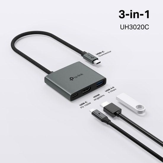 TP-Link UH3020C USB Type-C 3 Portlu Hub: 4K HDMI, 100W Şarj, 5Gbps USB 3.2 Gen1 Type-C Hızlı Veri Aktarımı