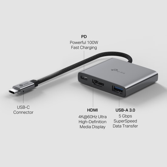 TP-Link UH3020C USB Type-C 3 Portlu Hub: 4K HDMI, 100W Şarj, 5Gbps USB 3.2 Gen1 Type-C Hızlı Veri Aktarımı