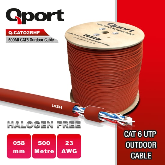 Qport Q-CATO2RHF Cat6 500 Metre Turuncu Outdoor Ağ Kablosu - 23AWG, 0.58mm, Makaralı, LSZH Yanmaz Halogen Free