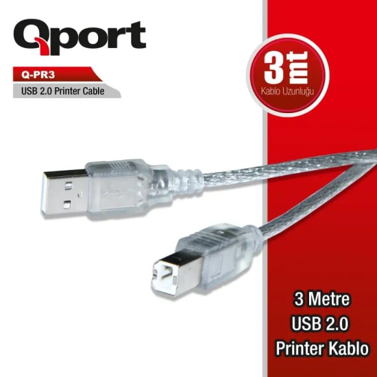 Qport Q-PR3 USB 2.0 3 Metre Yazıcı Kablosu - Yüksek Hızlı Bağlantı ve Güvenilir Veri Aktarımı