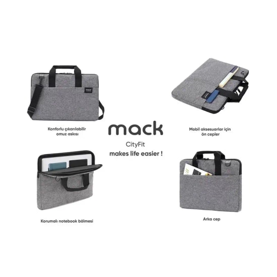 Mack City Fit Eco MCC-702 14.1" Gri Laptop Çantası - Su Geçirmez, Geri Dönüştürülmüş Kumaş, Ergonomik Tasarım