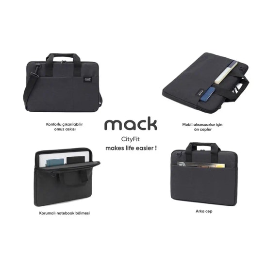 MACK MCC-701 City Fit Eco 14.1" Siyah Notebook Çantası - Su Geçirmez, Geri Dönüştürülmüş Kumaş, Ergonomik Tasarım