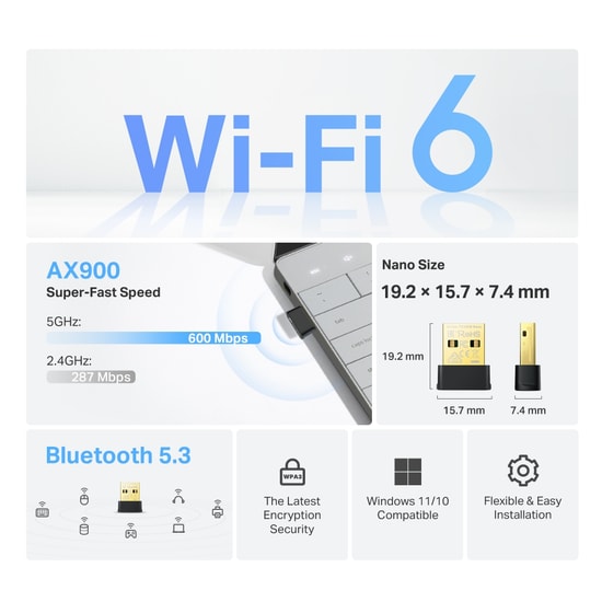TP-Link Archer TX10UB Nano AX900 WiFi 6 USB Ağ ve Bluetooth Adaptör - BT 5.3, WPA3, USB 2.0, Dahili Anten, MU-MIMO