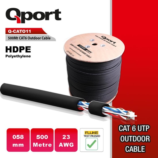 Qport Q-CATO11 CAT6 500 Metre Siyah Network Kablosu - 23AWG UTP Outdoor, 0.58mm, Makaralı, HDPE Polyethylene Dış Ortam