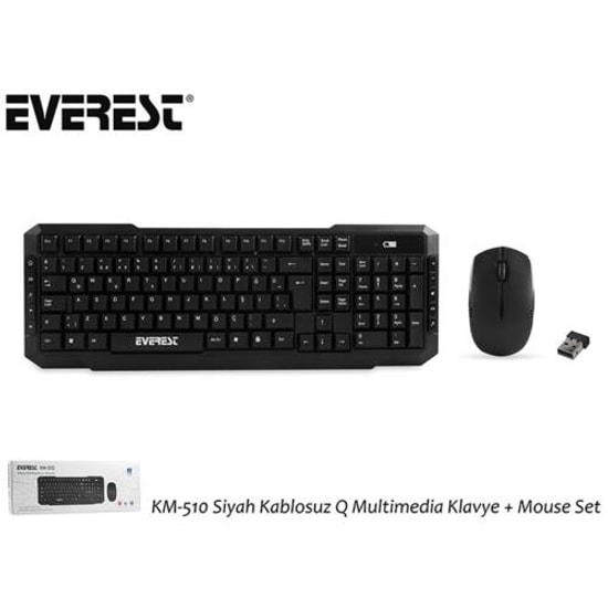 Everest KM-510 Siyah Türkçe Q Düzen Kablosuz Multimedia Klavye ve Mouse Seti - 2.4 GHz, 800dpi, 10m Menzil, Tak & Kullan