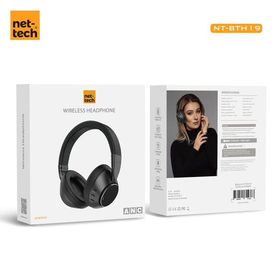 Nettech NT-BTH19 Siyah Kulak Üstü Bluetooth Kulaklık - ANC, Jack + Type C, İthalatçı Garantili