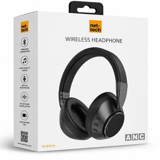 Nettech NT-BTH19 Siyah Kulak Üstü Bluetooth Kulaklık - ANC, Jack + Type C, İthalatçı Garantili