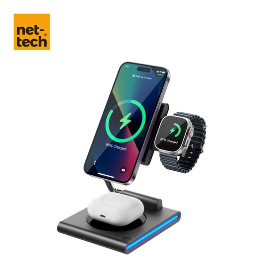 Nettech NT-WCH04 Gri 3in1 15W Kablosuz Şarj İstasyonu - Telefon, Airpods ve Apple Watch Uyumlu - İthalatçı Garantili