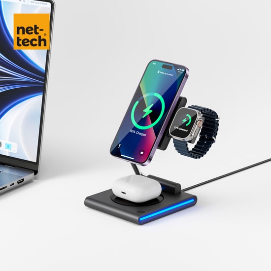 Nettech NT-WCH04 Gri 3in1 15W Kablosuz Şarj İstasyonu - Telefon, Airpods ve Apple Watch Uyumlu - İthalatçı Garantili