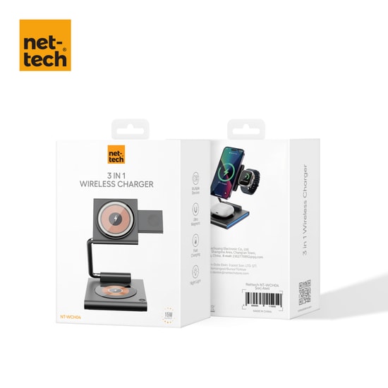 Nettech NT-WCH04 Gri 3in1 15W Kablosuz Şarj İstasyonu - Telefon, Airpods ve Apple Watch Uyumlu - İthalatçı Garantili
