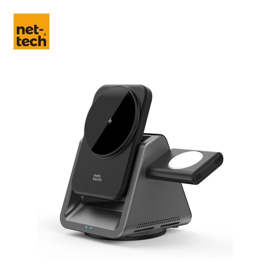 Nettech NT-WCH05 Siyah 3'ü 1 Arada 15W Hızlı Kablosuz Şarj Standı - Akıllı Telefon, Saat ve Airpods Şarjı