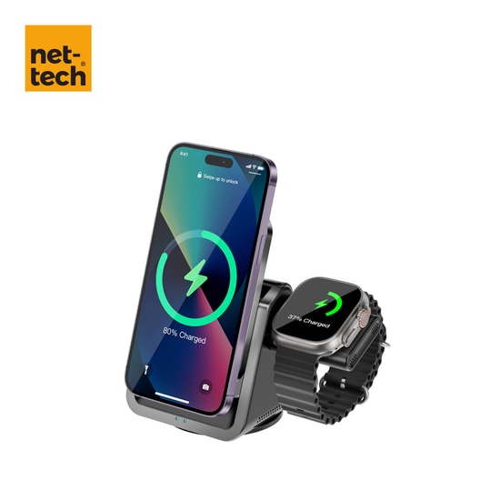 Nettech NT-WCH05 Siyah 3'ü 1 Arada 15W Hızlı Kablosuz Şarj Standı - Akıllı Telefon, Saat ve Airpods Şarjı