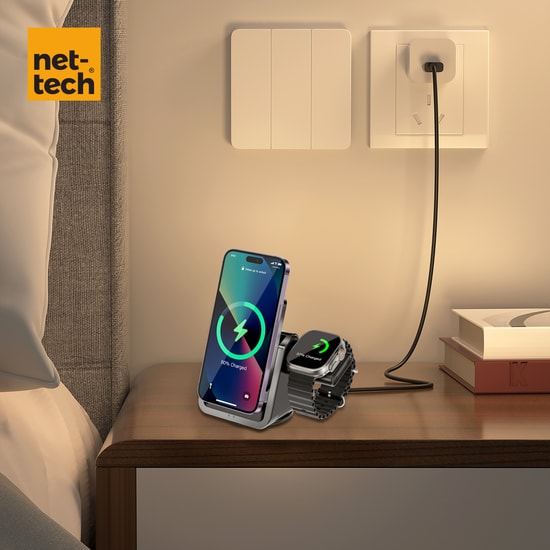 Nettech NT-WCH05 Siyah 3'ü 1 Arada 15W Hızlı Kablosuz Şarj Standı - Akıllı Telefon, Saat ve Airpods Şarjı