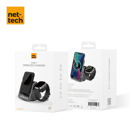 Nettech NT-WCH05 Siyah 3'ü 1 Arada 15W Hızlı Kablosuz Şarj Standı - Akıllı Telefon, Saat ve Airpods Şarjı